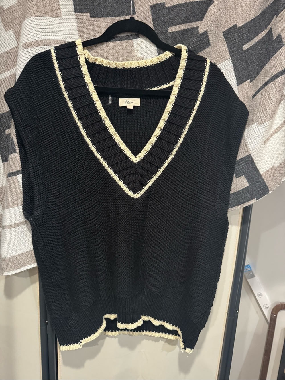 Elan Black V-Neck Knit Sweater Vest with Tan Trim